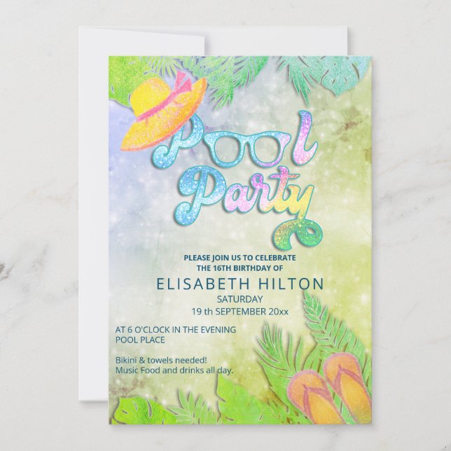 Cool fun summer script pool party birthday  invitation (Front)