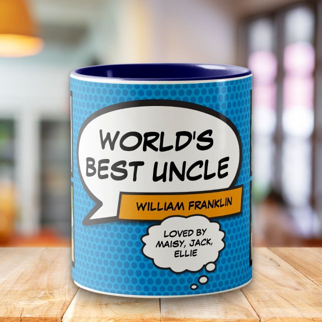 Cool Fun Uncle Modern Comic Book Blue Photo Two-Tone Coffee Mug (Creator Uploaded)