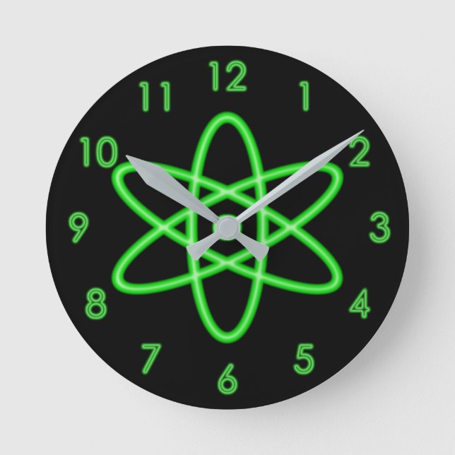 Cool Fun Unique Neon Light Green Atomic Symbol Round Clock (Front)
