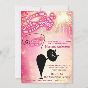 Cool fun whimsy cat balloon sparkle fireworks invitation