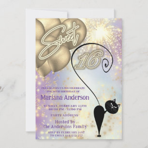 Cool fun whimsy cat balloon sparkle fireworks invitation