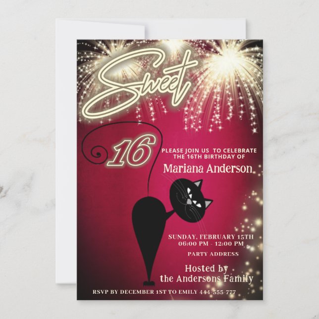 Cool fun whimsy cat balloon sparkle fireworks  invitation (Front)