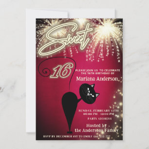 Cool fun whimsy cat balloon sparkle fireworks invitation