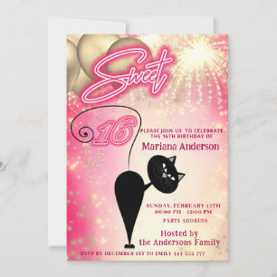 Cool fun whimsy cat balloon sparkle fireworks invitation