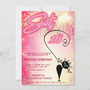 Cool fun whimsy cat balloon sparkle fireworks invitation
