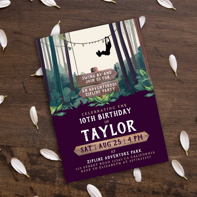 Cool Fun Zipline Forest Purple Birthday Adventure  Invitation (Creator Uploaded)