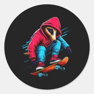 Cool Funky Aardvark Skateboarding Illustration Art Classic Round Sticker