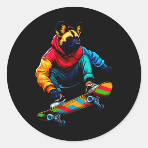 Cool Funky African Wild Dog Skateboarding Illustra Classic Round Sticker