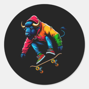 Cool Funky Buffalo Skateboarding Illustration Art Classic Round Sticker