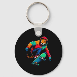 Cool Funky Cheetah Skateboarding Illustration Art Key Ring
