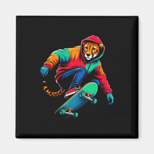 Cool Funky Cheetah Skateboarding Illustration Art Magnet