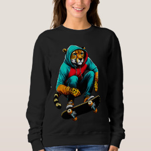 Cool Funky Cheetah Skateboarding Illustration Art Sweatshirt