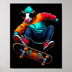 Cool Funky Cow Skateboarding Illustration Art 1 Poster