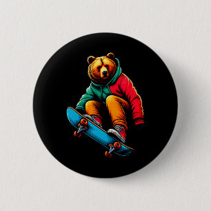 Cool Funky Grizzly Bear Skateboarding Illustration 6 Cm Round Badge