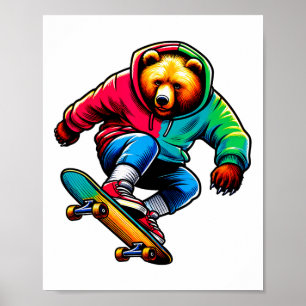 Cool Funky Grizzly Bear Skateboarding Illustration Poster