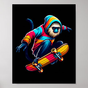 Cool Funky Tamarin Monkey Skateboarding Illustrati Poster