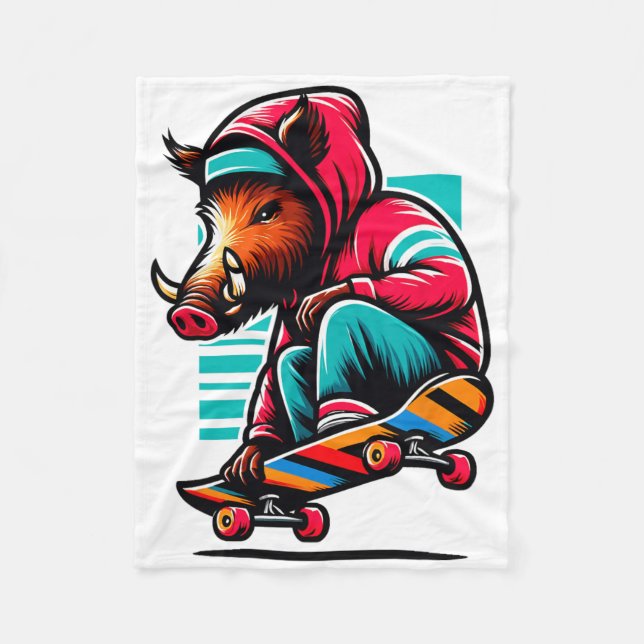 Cool Funky Wild Boar Skateboarding Illustration Ar Fleece Blanket (Front)