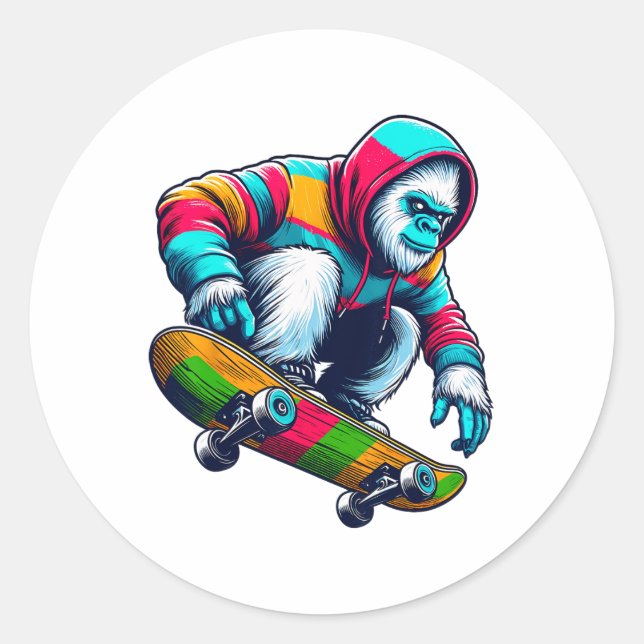 Cool Funky Yeti Skateboarding Illustration Art  Classic Round Sticker (Front)