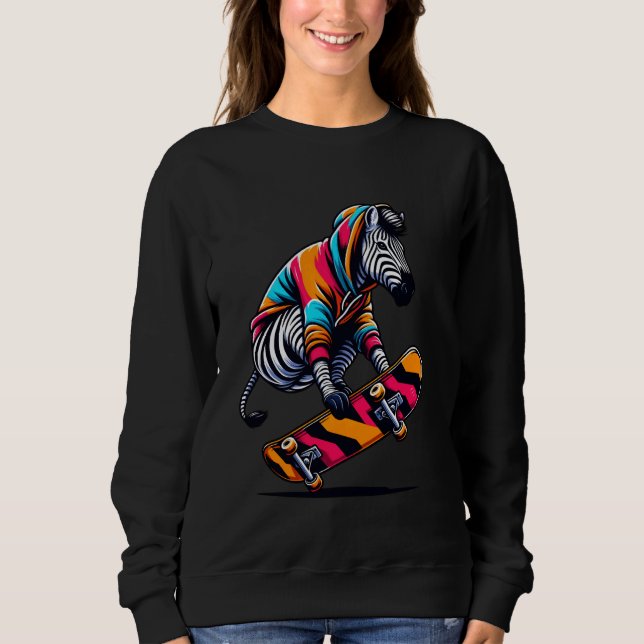 Cool Funky Zebra Skateboarding Illustration Art Sweatshirt (Front)