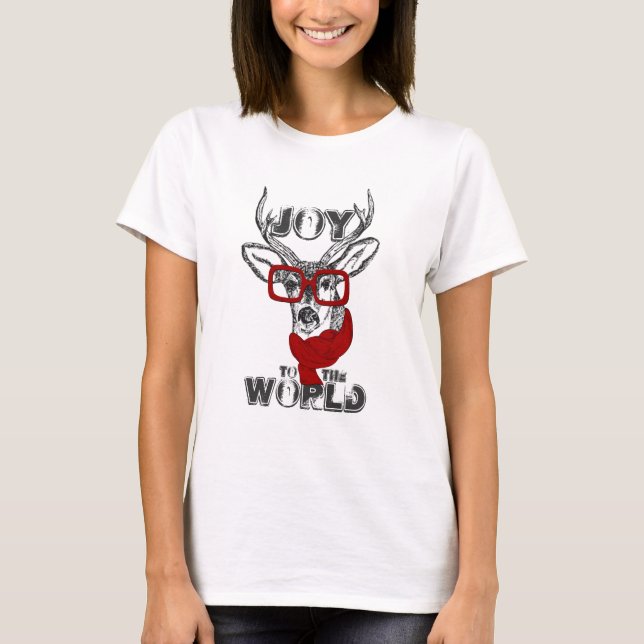Cool funny deer sketch “Joy to the World” quote T-Shirt (Front)