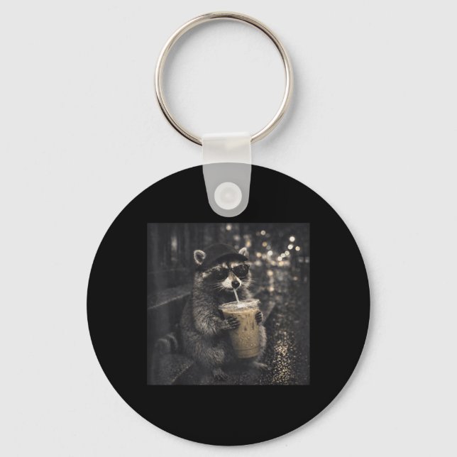 Cool Funny Drinking Iced Coffee Sunglasses Racoon Key Ring (Front)