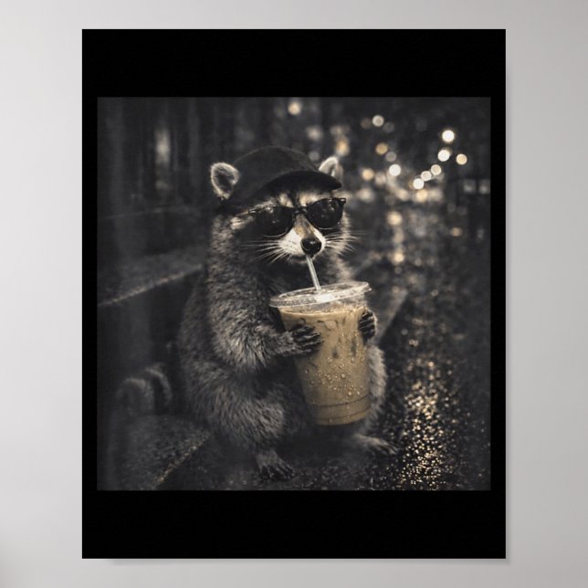 Cool Funny Drinking Iced Coffee Sunglasses Racoon Poster (Front)