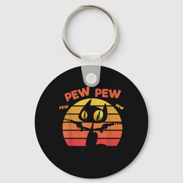 Cool Funny Sarcastic Pew Pew Halloween Black Cat Key Ring (Front)