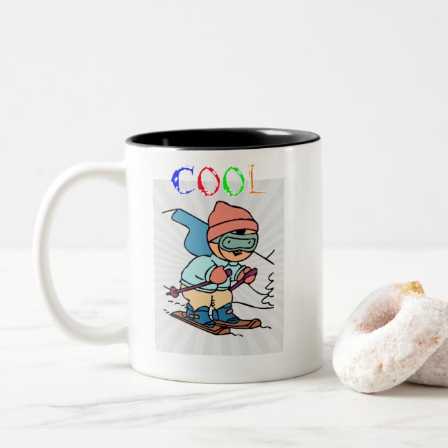 Cool Funny Skier | skiing designs | skiing funny Two-Tone Coffee Mug (With Donut)