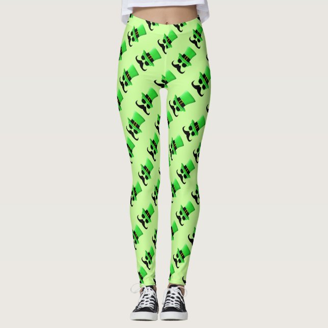 Cool Funny St. Patrick's Day Moustache Top hat Man Leggings (Front)