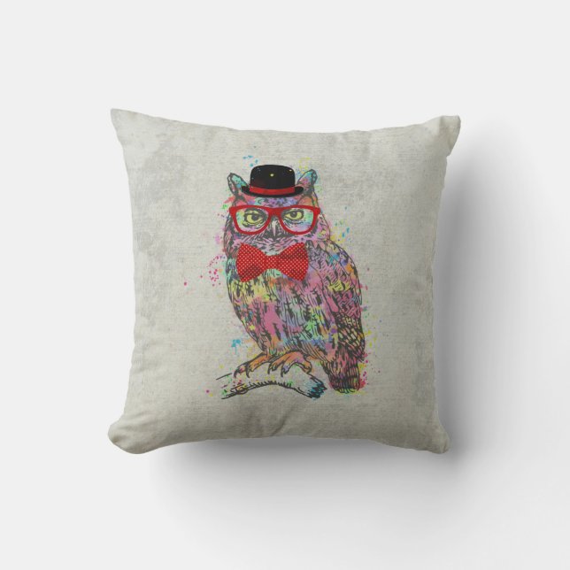 Cool funny trendy colourful watercolours owl cushion (Front)