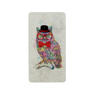 Cool funny trendy colourful watercolours owl label