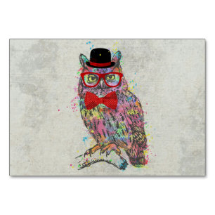 Cool funny trendy colourful watercolours owl table number