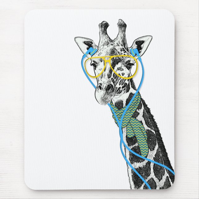 Cool funny trendy giraffe with glasses, earphones mouse mat (Front)