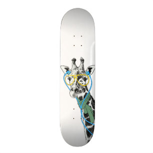 Cool funny trendy giraffe with glasses, earphones skateboard