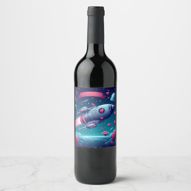 Cool/futuristic spaceship valentine's day wine label (Front)