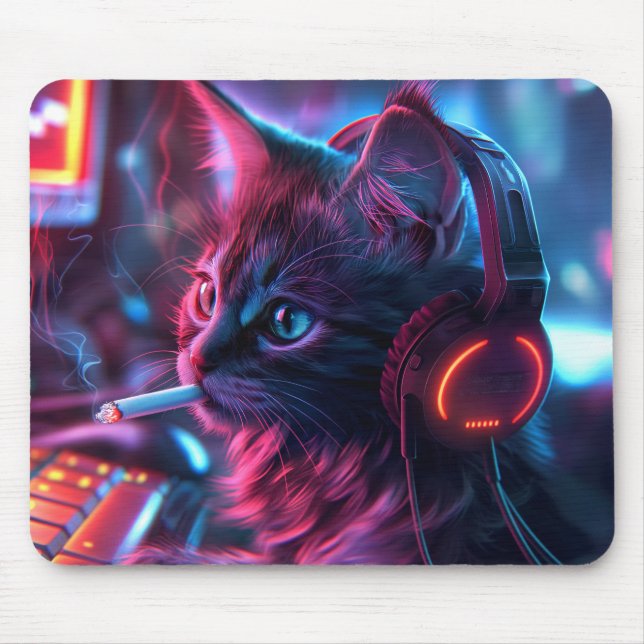 Cool Gamer Cat Smoking Funny Mouse Mat (Front)