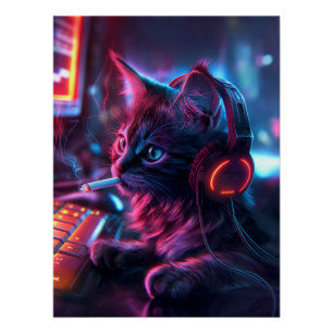 Cool Gamer Cat Smoking Funny Poster