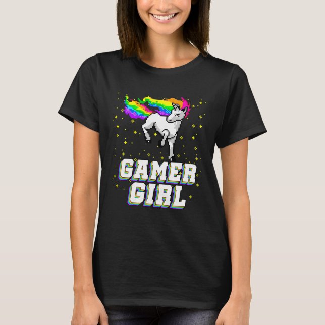 Cool Gamer Girl Galaxy Rainbow Unicorn Video Game  T-Shirt (Front)