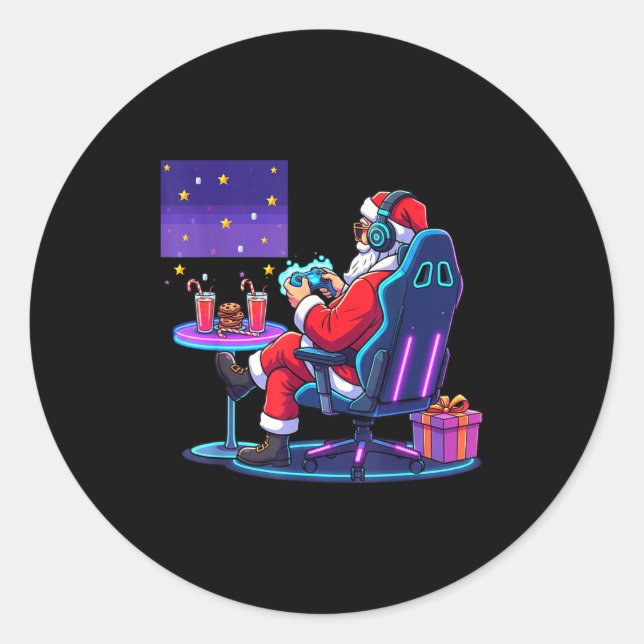 Cool Gamer Santa Playing Games Christmas Boys Styl Classic Round Sticker (Front)