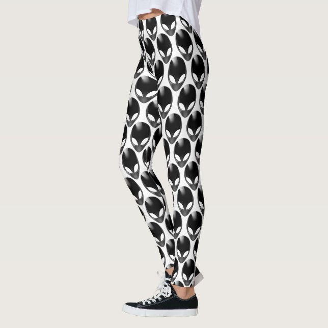 Cool Geeky Metallic Shiny Alien Head Black & White Leggings (Left)