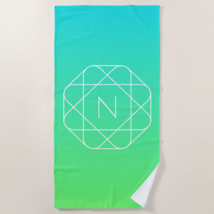 Cool Geometric Monogram   Blue & Lime Green Ombre Beach Towel