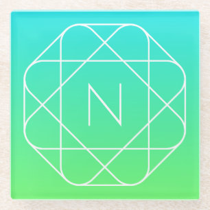 Cool Geometric Monogram   Blue & Lime Green Ombre Glass Coaster