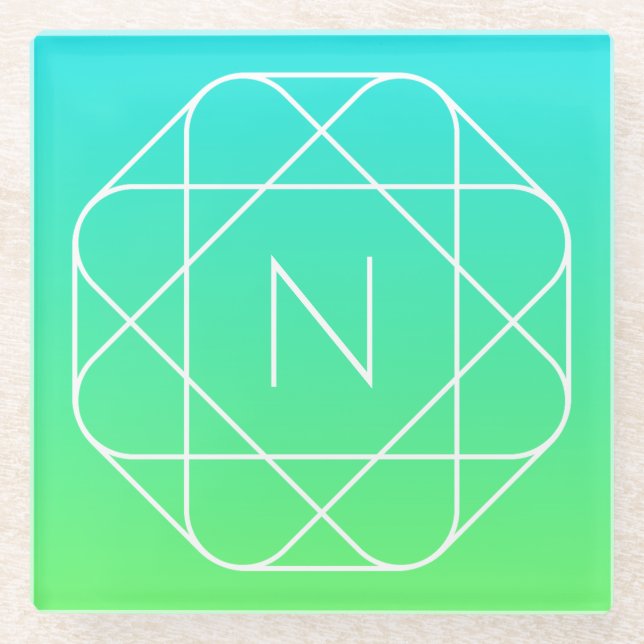 Cool Geometric Monogram | Blue & Lime Green Ombre Glass Coaster (Front)