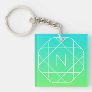 Cool Geometric Monogram   Blue & Lime Green Ombre Key Ring