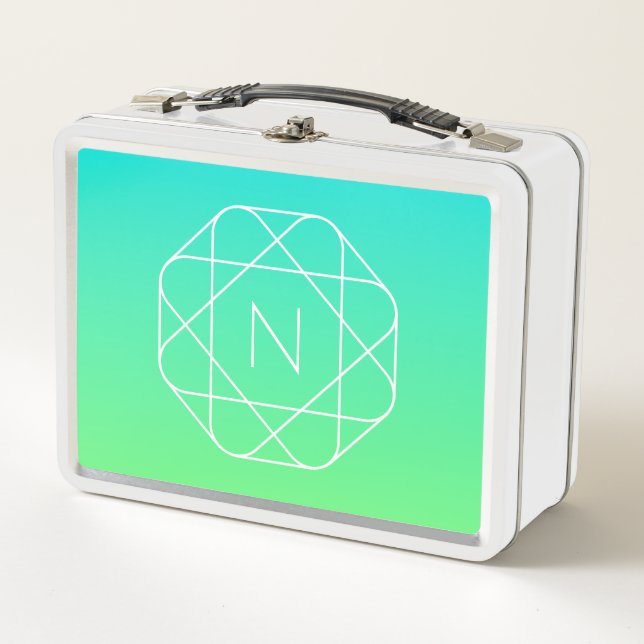 Cool Geometric Monogram | Blue & Lime Green Ombre Metal Lunch Box (Front)