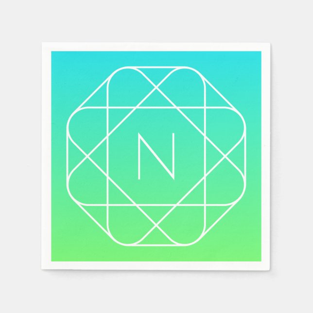 Cool Geometric Monogram | Blue & Lime Green Ombre Napkin (Front)