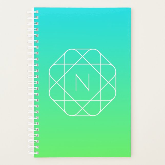 Cool Geometric Monogram | Blue & Lime Green Ombre Planner (Front)