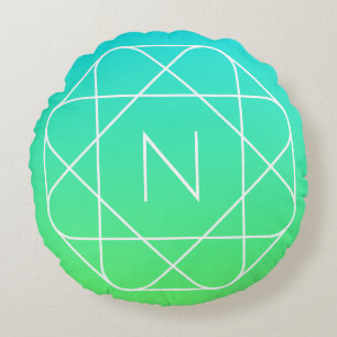 Cool Geometric Monogram Blue & Lime Green Ombre Round Cushion