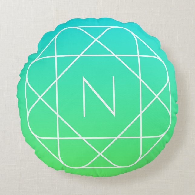 Cool Geometric Monogram | Blue & Lime Green Ombre Round Cushion (Front)