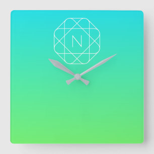 Cool Geometric Monogram Blue & Lime Green Ombre Square Wall Clock